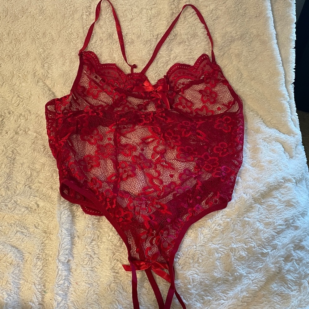 Red Lace Floral Bodysuit